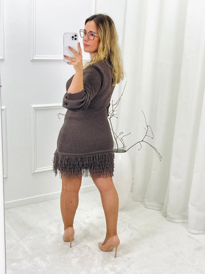 BROWN FRINGED KNIT DRESS