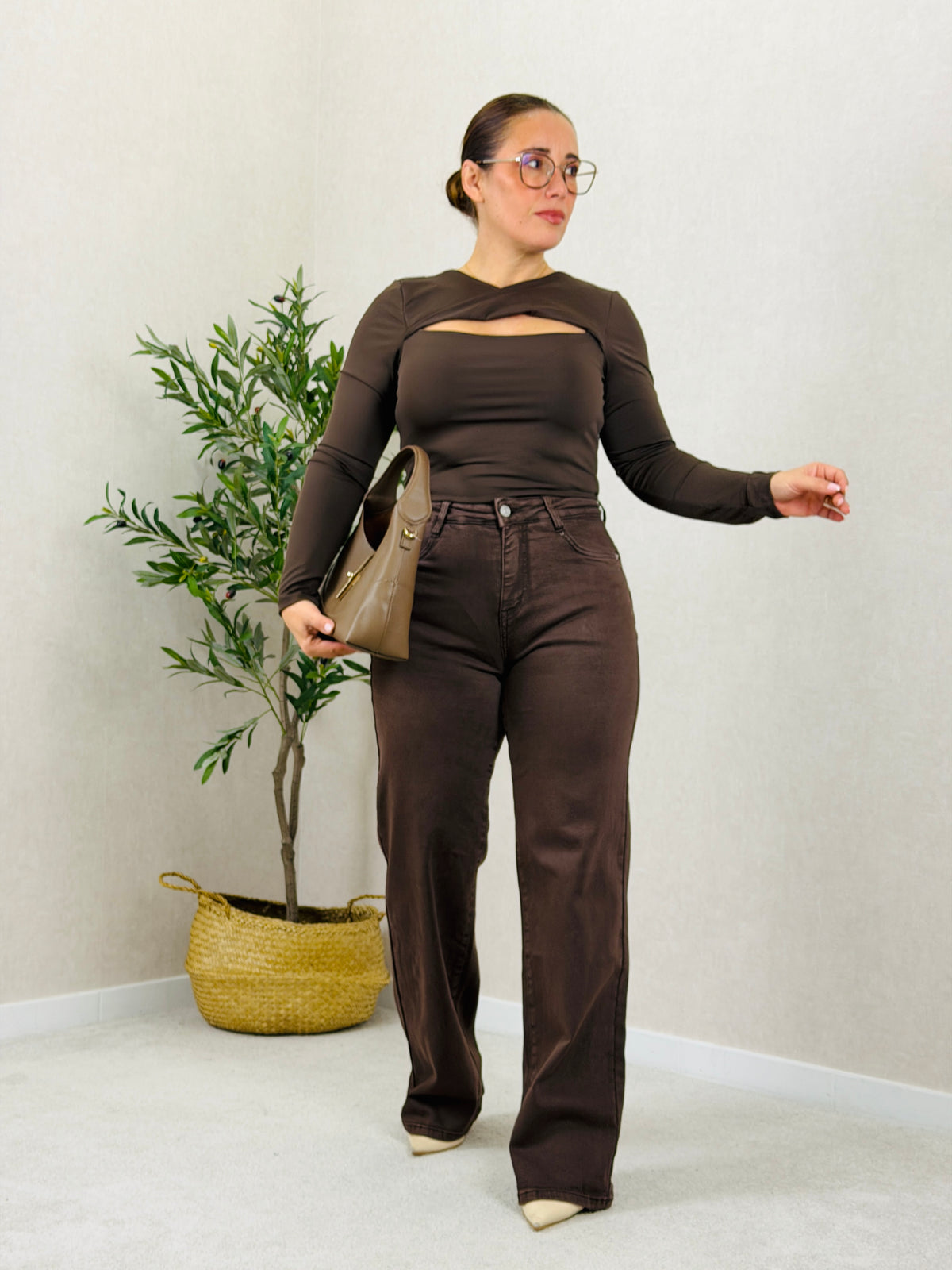Calça de Ganga Castanho com Cinta