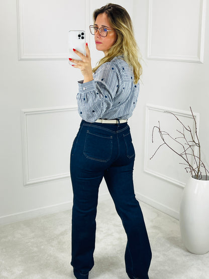 CAMISA MARINHO COM CORAÇÕES BORDADOS