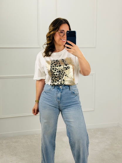 T-SHIRT ESTAMPA ANIMAL PRINT DOURADO