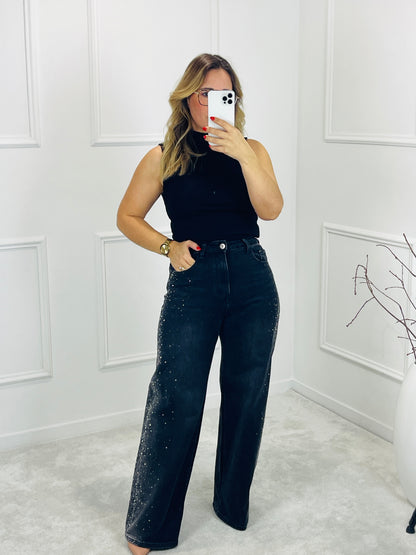 CALÇA WIDE LEG PRETA COM BRILHOS