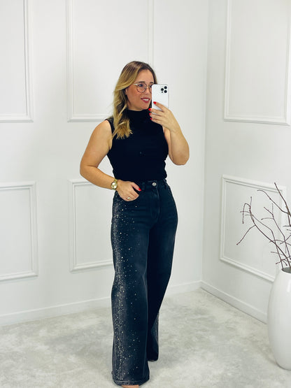 CALÇA WIDE LEG PRETA COM BRILHOS