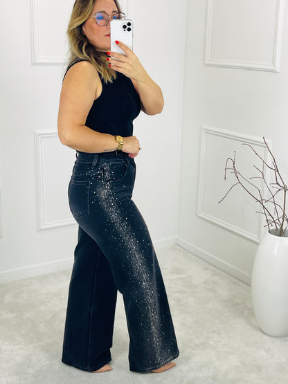 CALÇA WIDE LEG PRETA COM BRILHOS