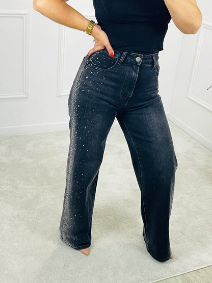 CALÇA WIDE LEG PRETA COM BRILHOS